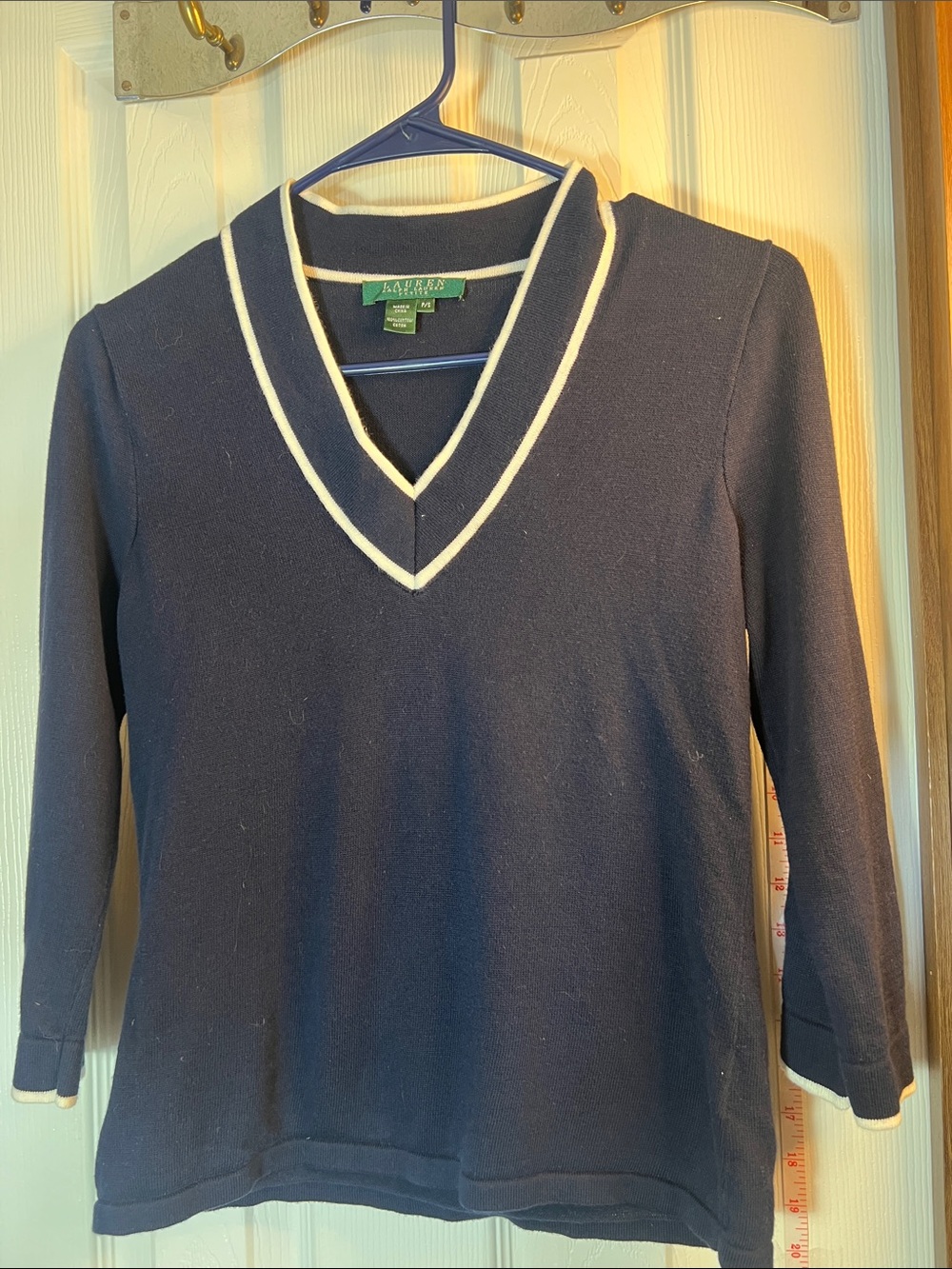 Lauren Ralph Lauren Navy V-Neck Sweater with Cream Trim